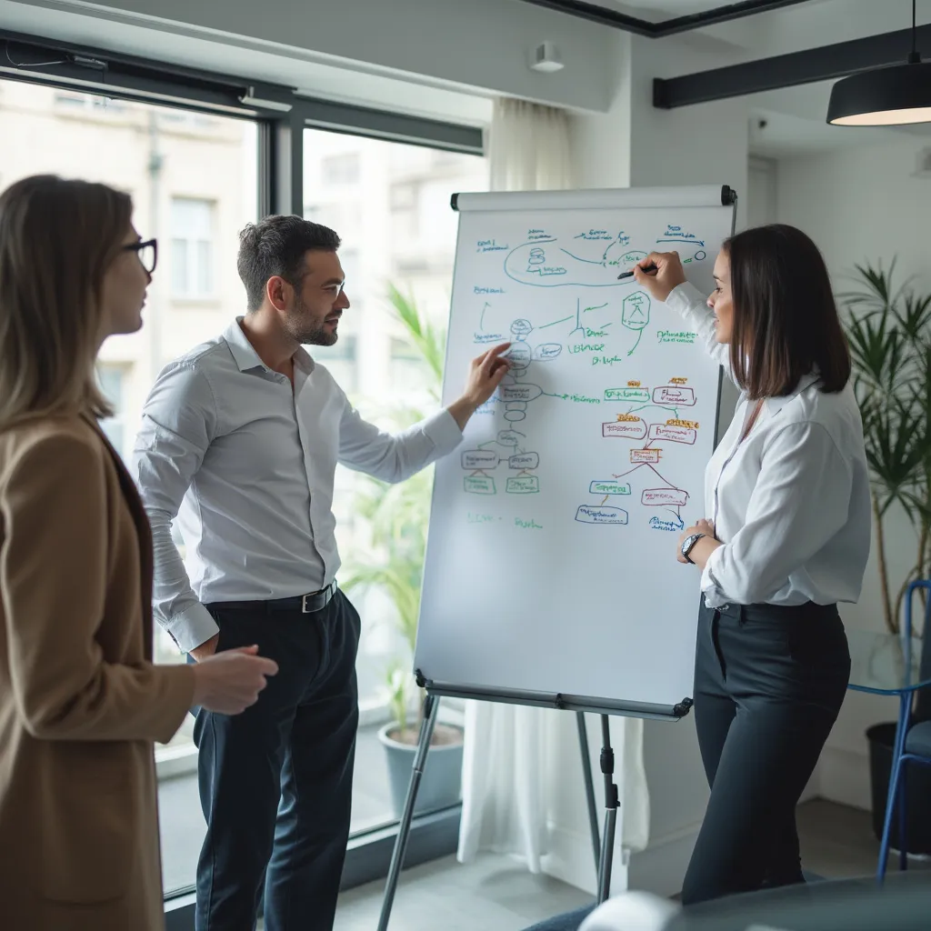 Equipo de consultores colaborando en una pizarra
